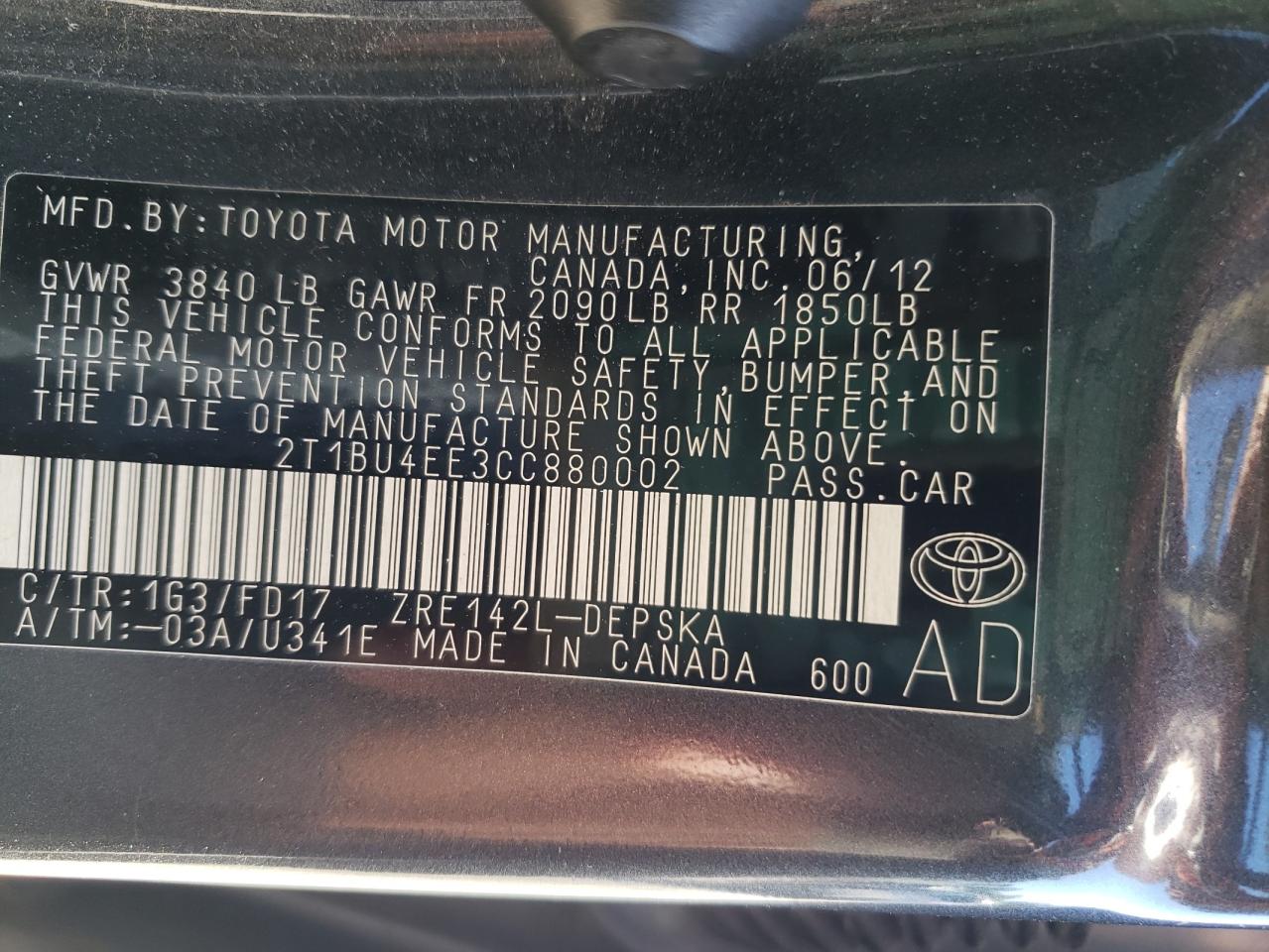 2T1BU4EE3CC880002 2012 Toyota Corolla Base