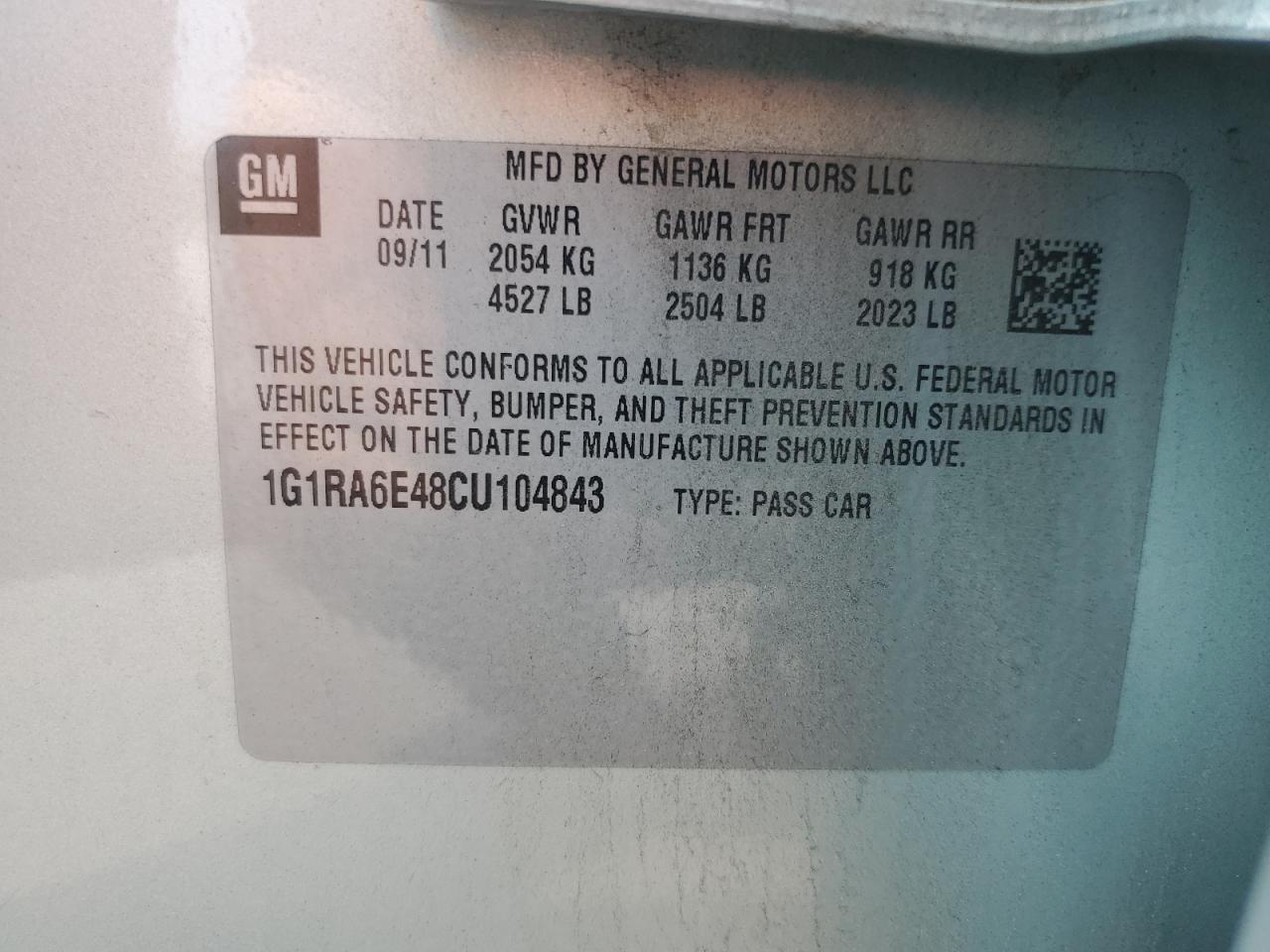 1G1RA6E48CU104843 2012 Chevrolet Volt