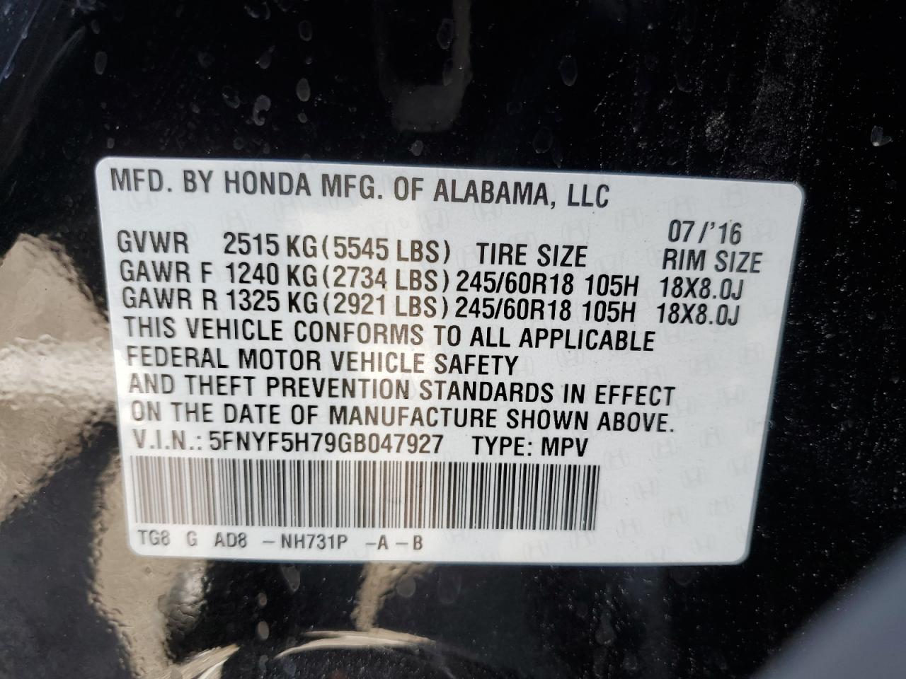 5FNYF5H79GB047927 2016 Honda Pilot Exln