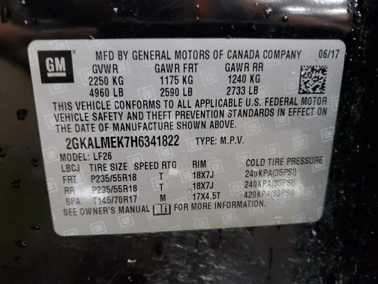 2GKALMEK7H6341822 2017 GMC Terrain Sle