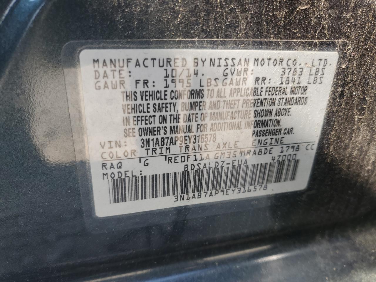 3N1AB7AP9EY316578 2014 Nissan Sentra S