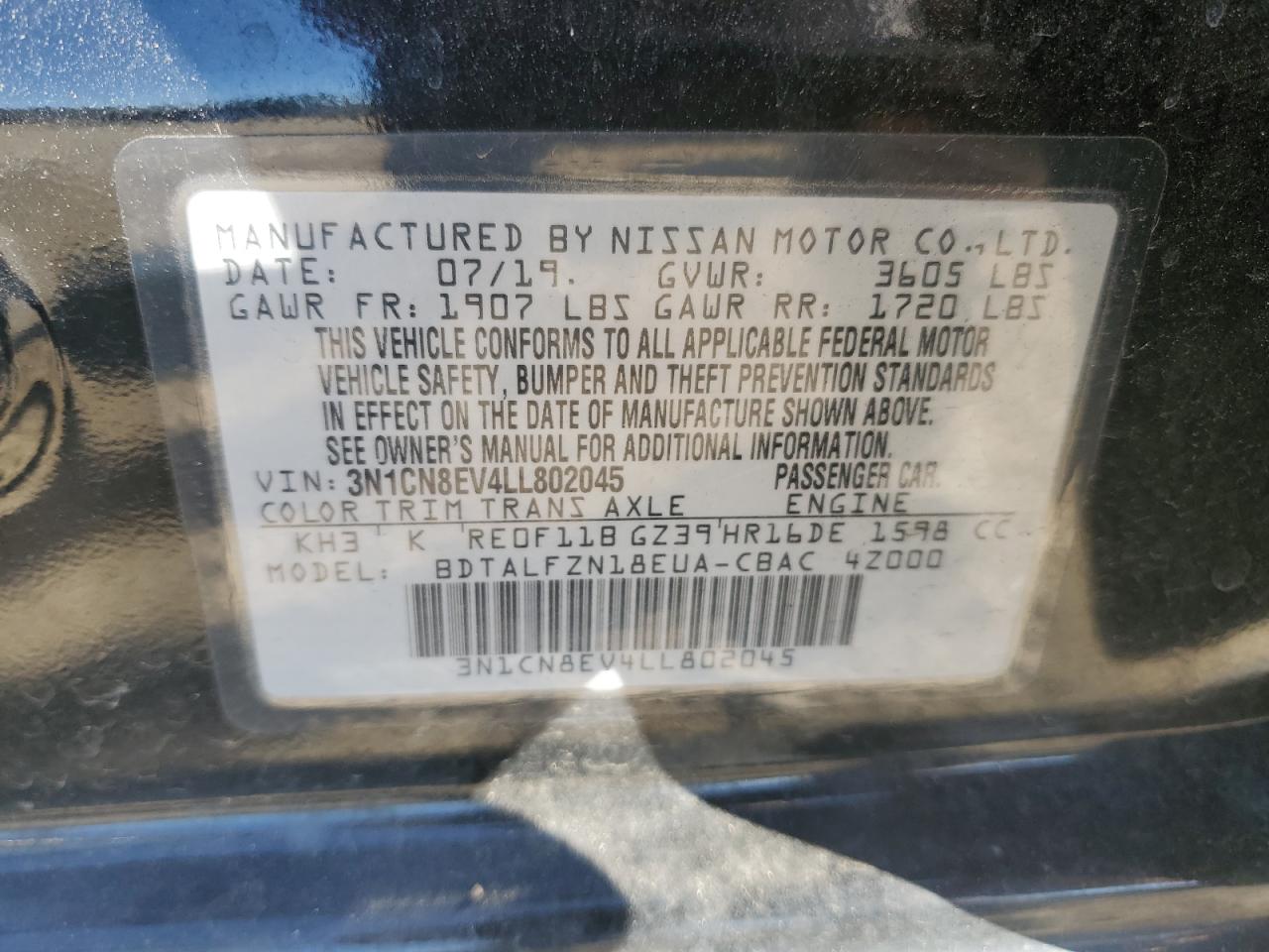 3N1CN8EV4LL802045 2020 Nissan Versa Sv