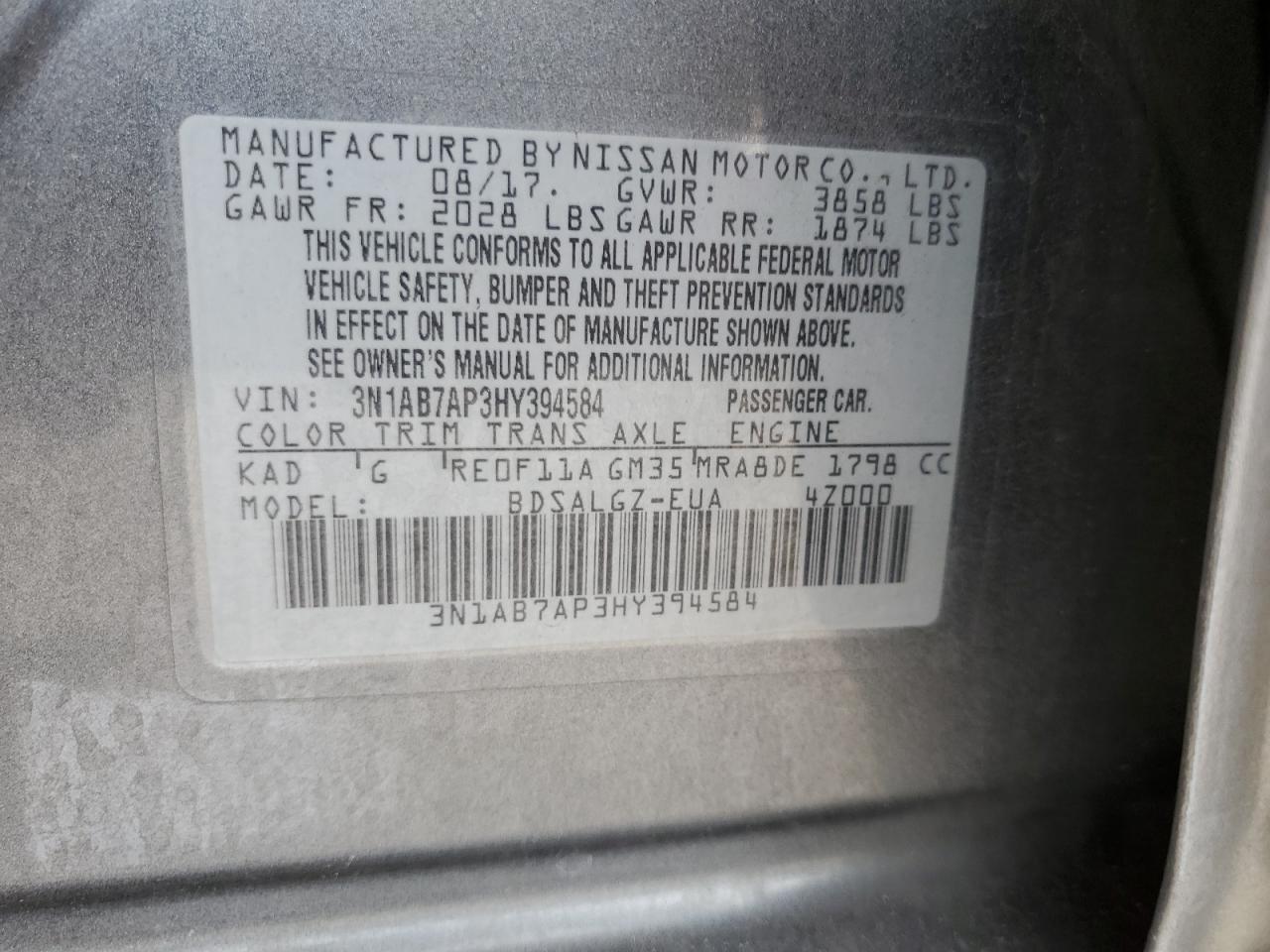 3N1AB7AP3HY394584 2017 Nissan Sentra S