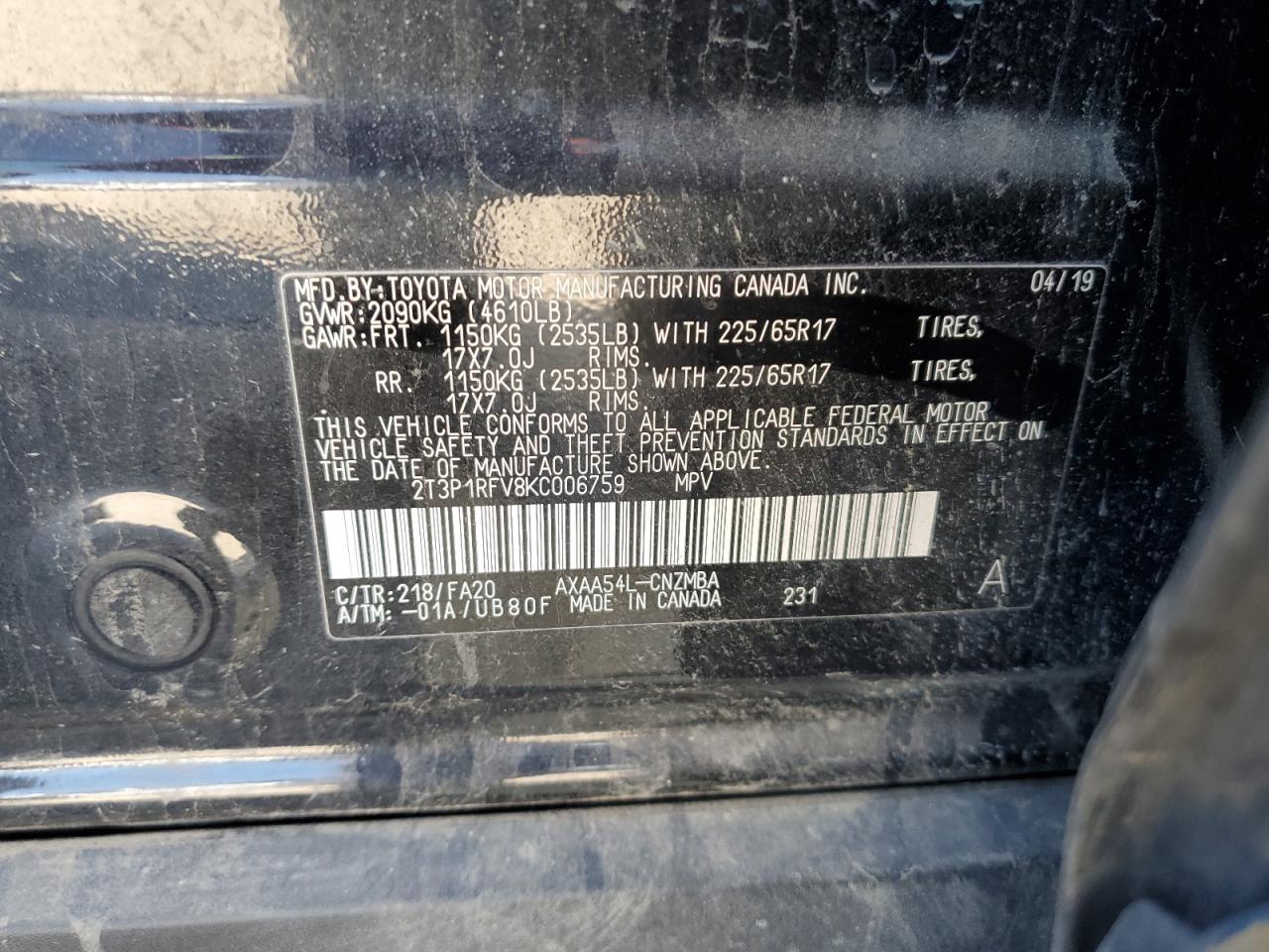 2T3P1RFV8KC006759 2019 Toyota Rav4 Xle