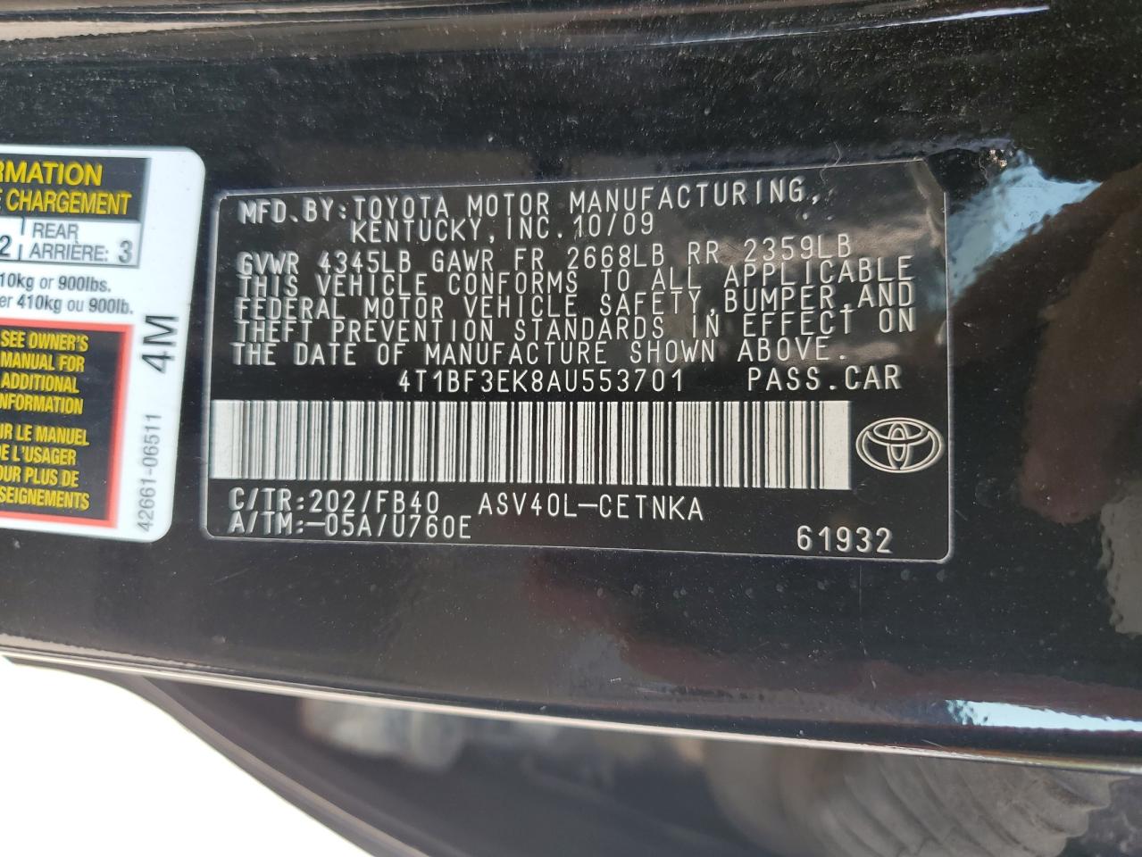 4T1BF3EK8AU553701 2010 Toyota Camry Base