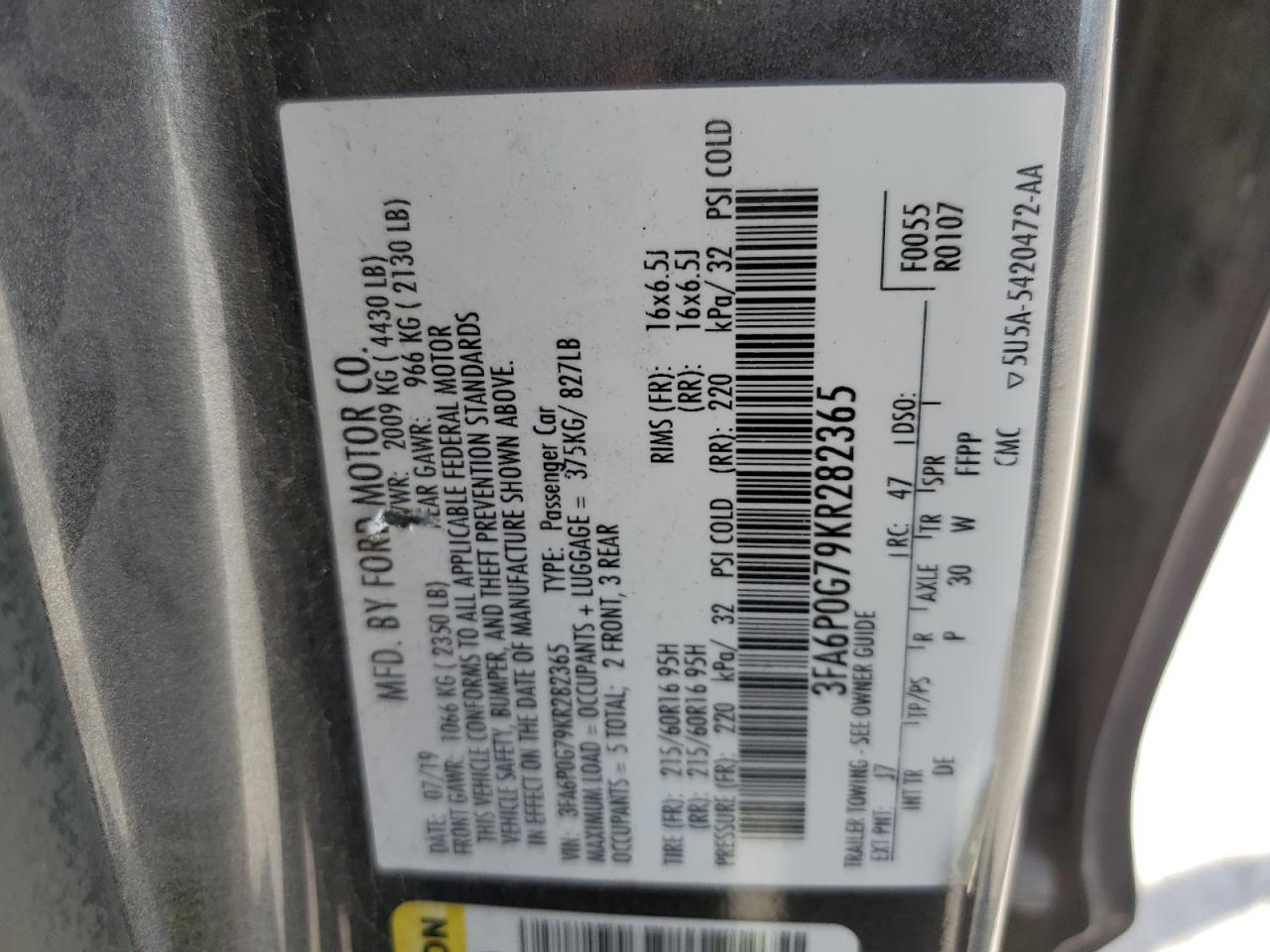 3FA6P0G79KR282365 2019 Ford Fusion S