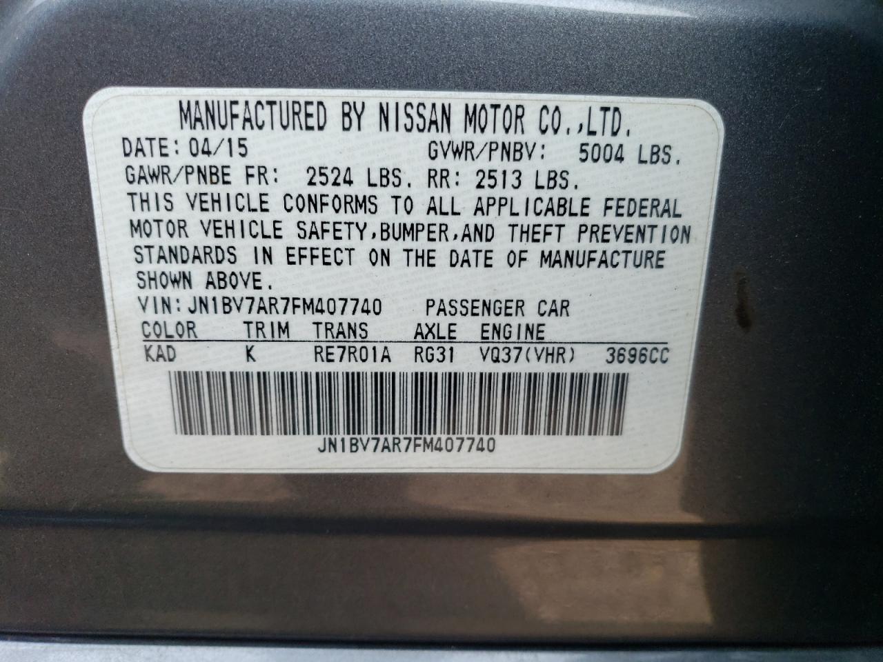 JN1BV7AR7FM407740 2015 Infiniti Q50 Base