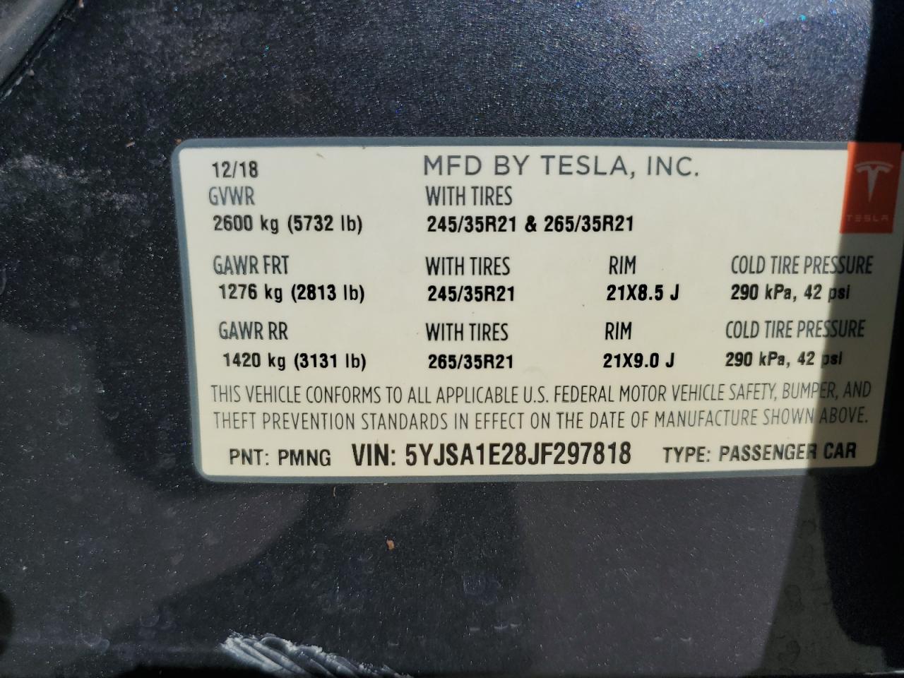 2018 Tesla Model S VIN: 5YJSA1E28JF297818 Lot: 73802774