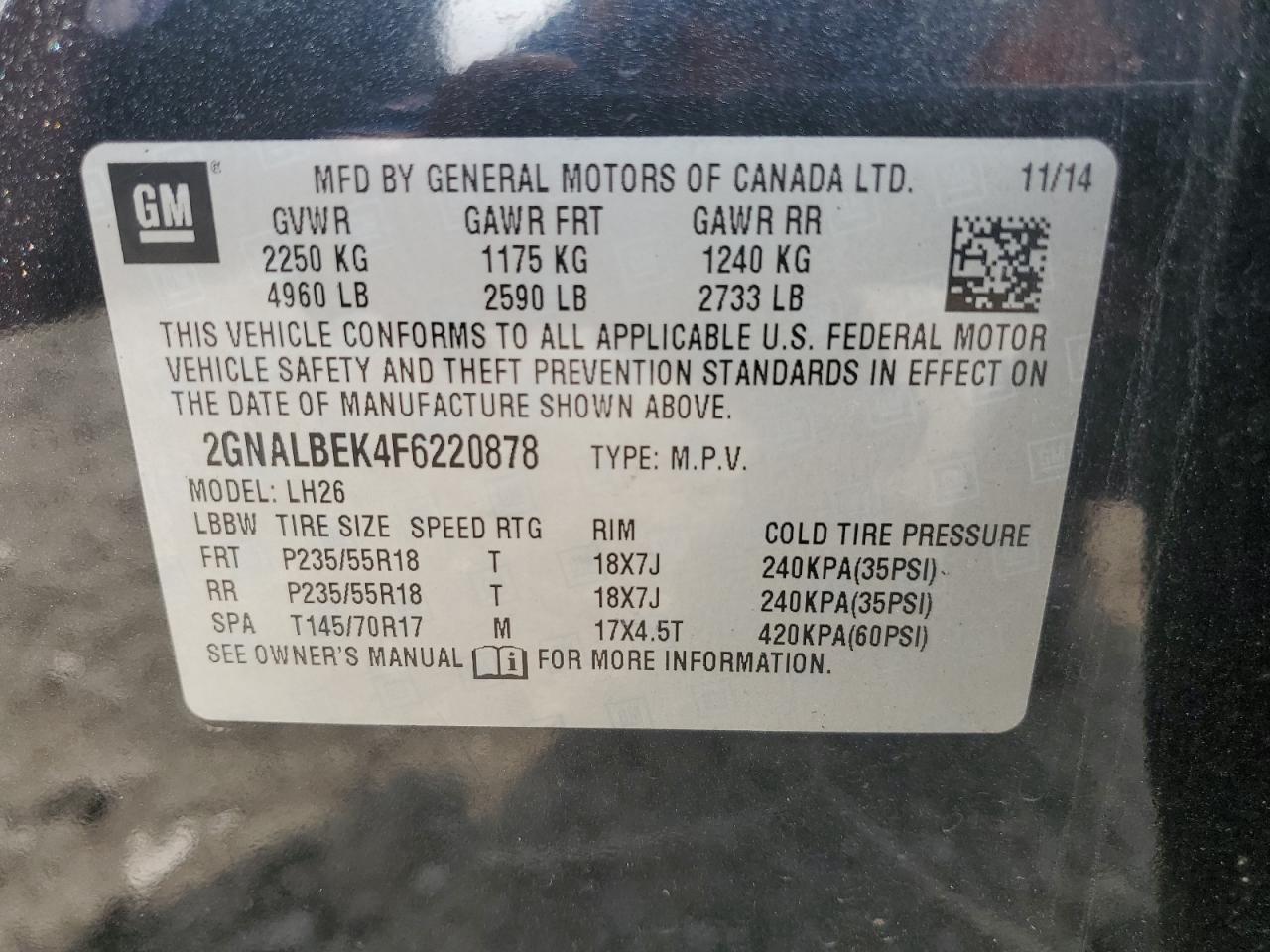 2GNALBEK4F6220878 2015 Chevrolet Equinox Lt