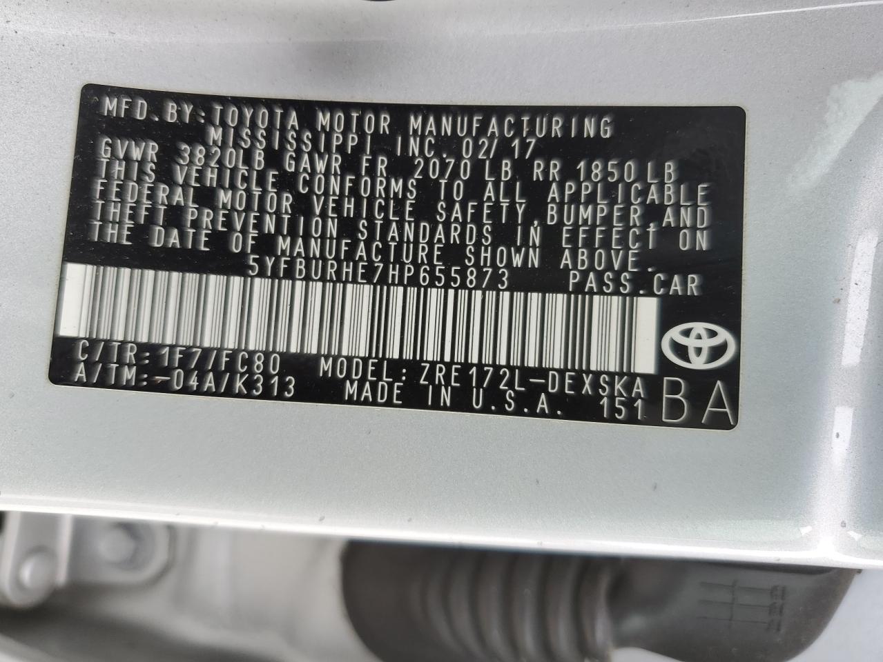 5YFBURHE7HP655873 2017 Toyota Corolla L