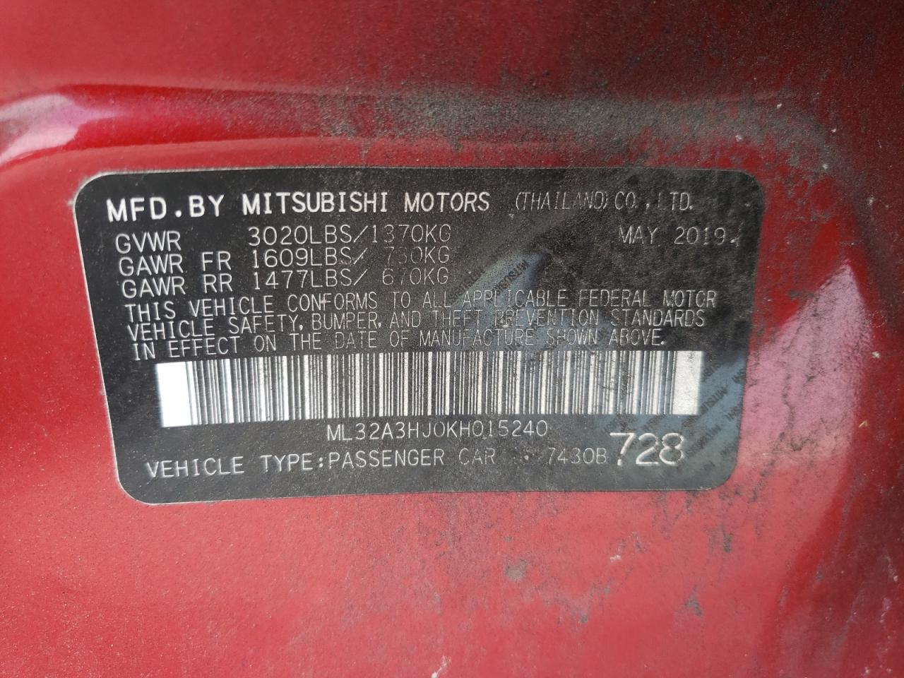 ML32A3HJ0KH015240 2019 Mitsubishi Mirage Es