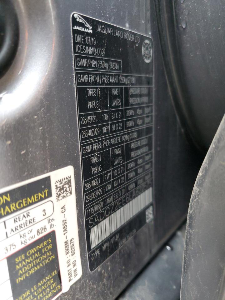 2020 Jaguar F-Pace Svr VIN: SADCZ2EE6LA622575 Lot: 70402094