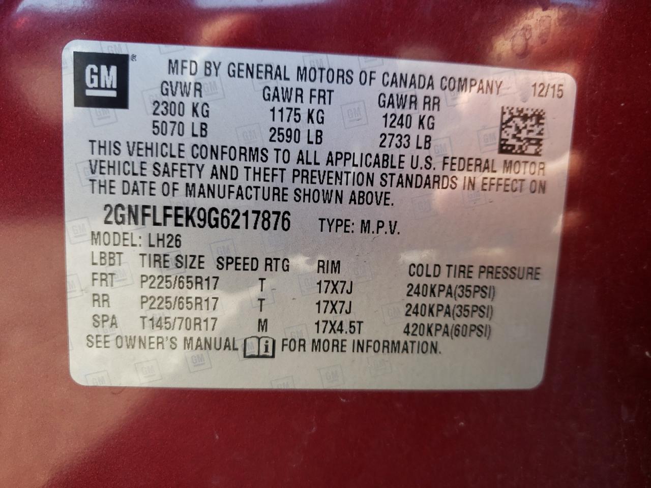 2GNFLFEK9G6217876 2016 Chevrolet Equinox Lt