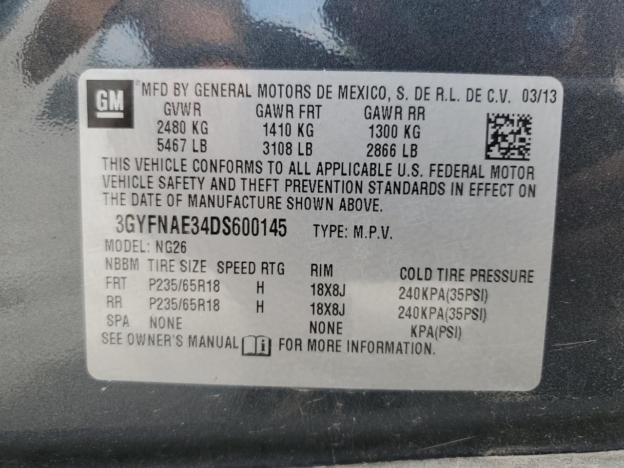 VIN 3GYFNAE34DS600145 2013 CADILLAC SRX no.13