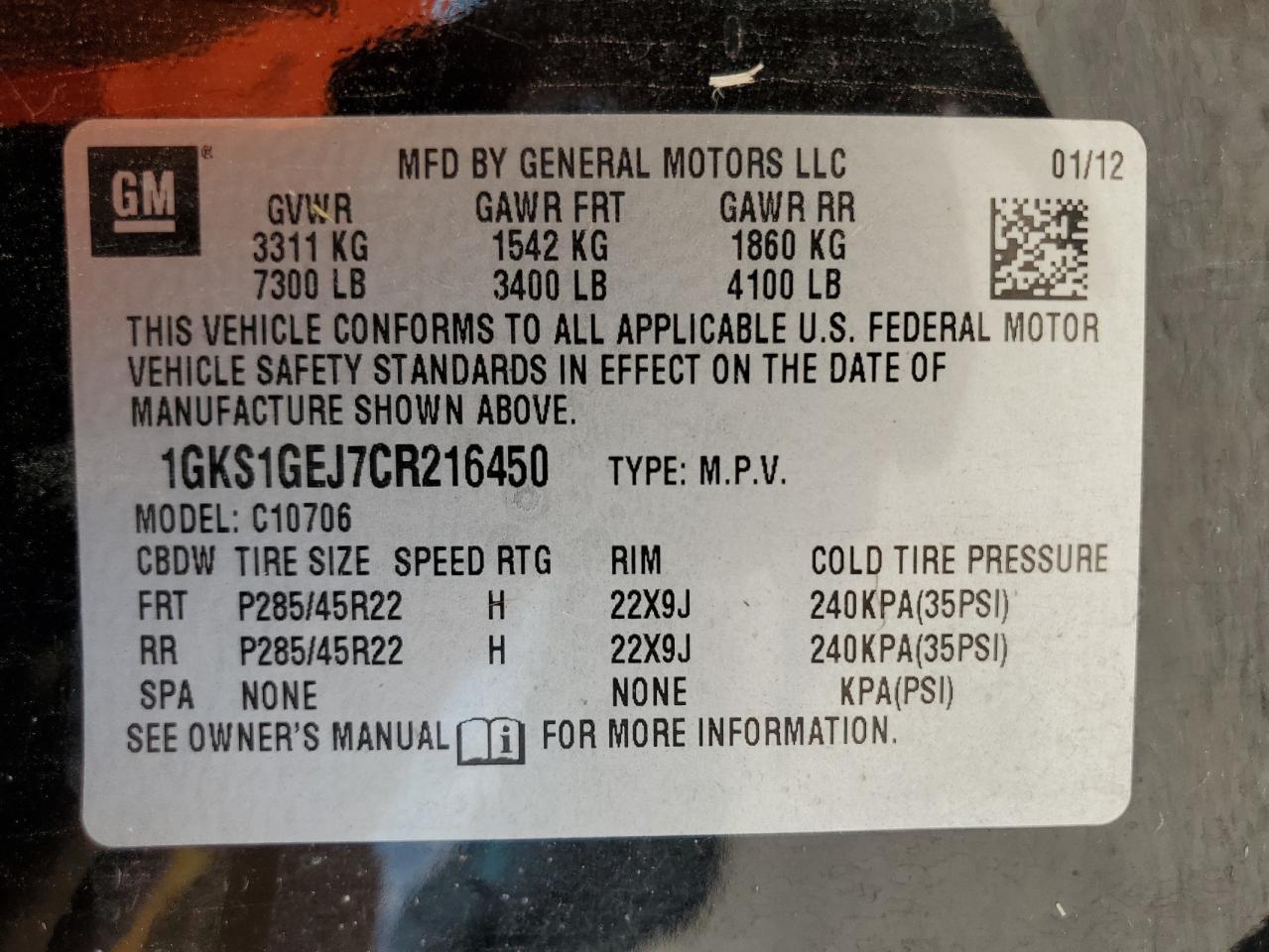 2012 GMC Yukon Denali Hybrid VIN: 1GKS1GEJ7CR216450 Lot: 70576964