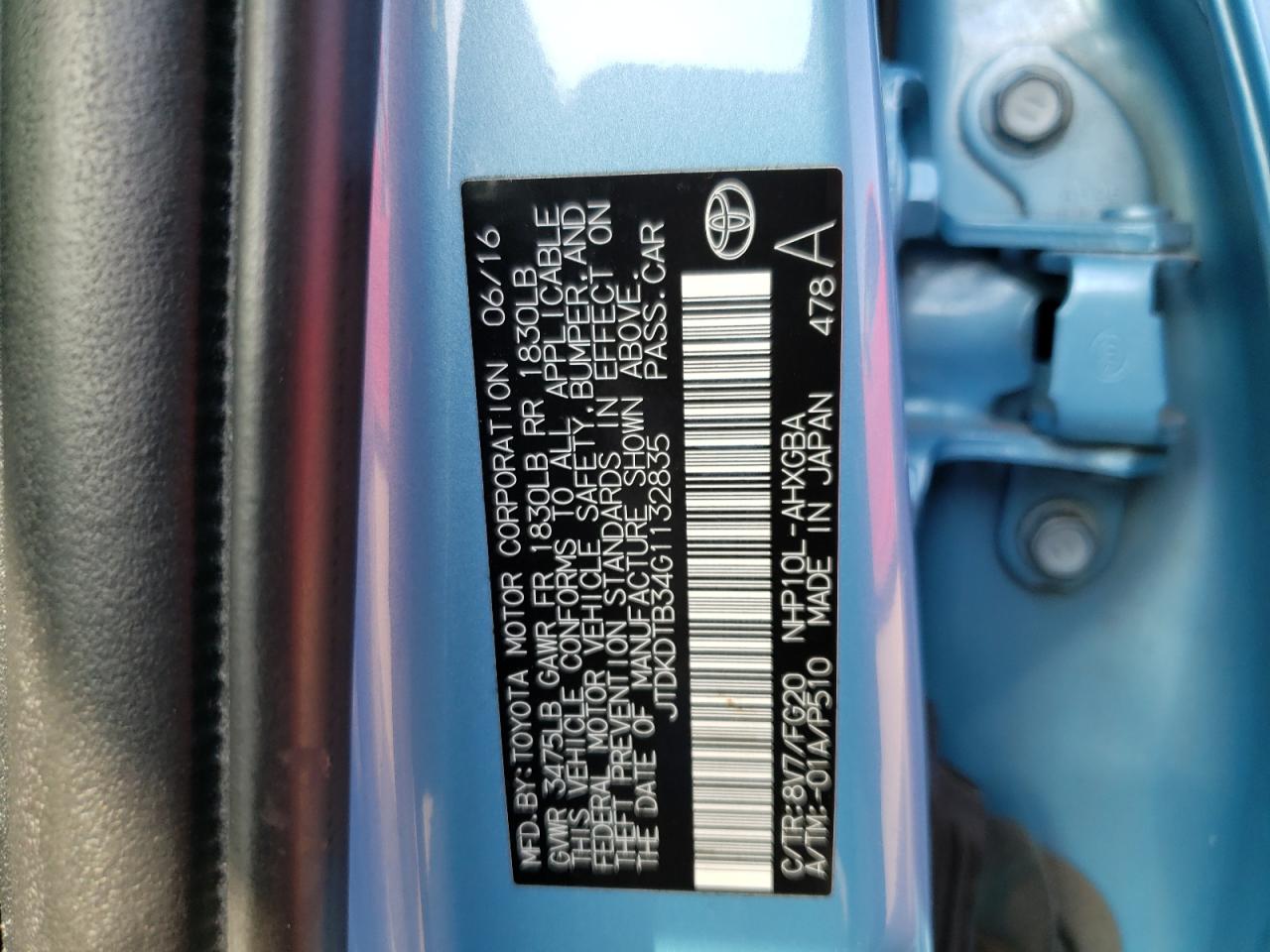 JTDKDTB34G1132835 2016 Toyota Prius C