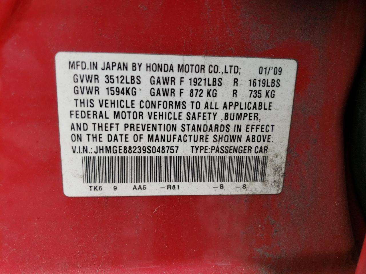 JHMGE88239S048757 2009 Honda Fit