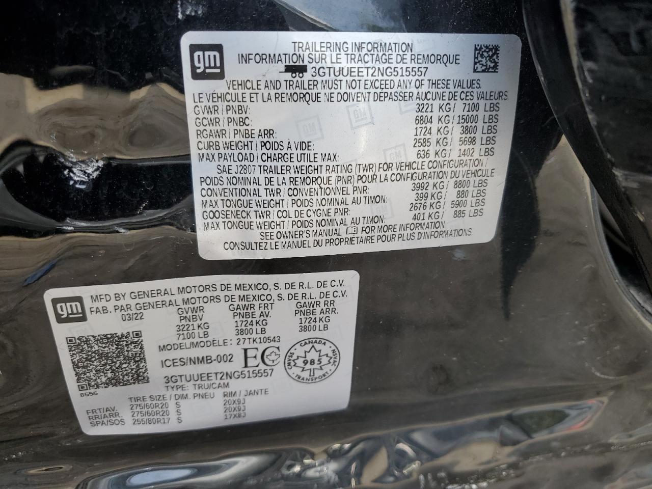 3GTUUEET2NG515557 2022 GMC Sierra K1500 At4