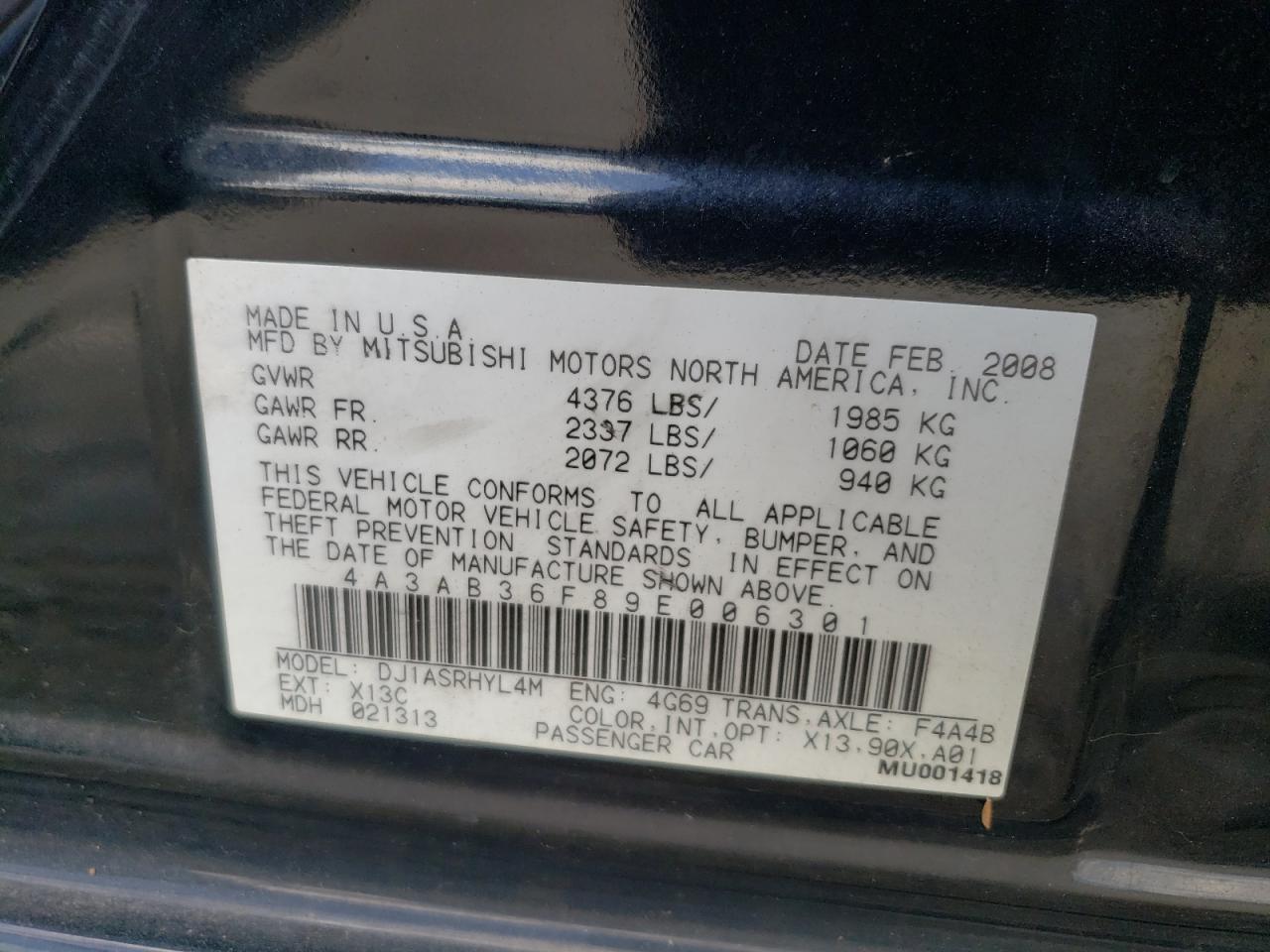 2009 Mitsubishi Galant Es VIN: 4A3AB36F89E006301 Lot: 69896574