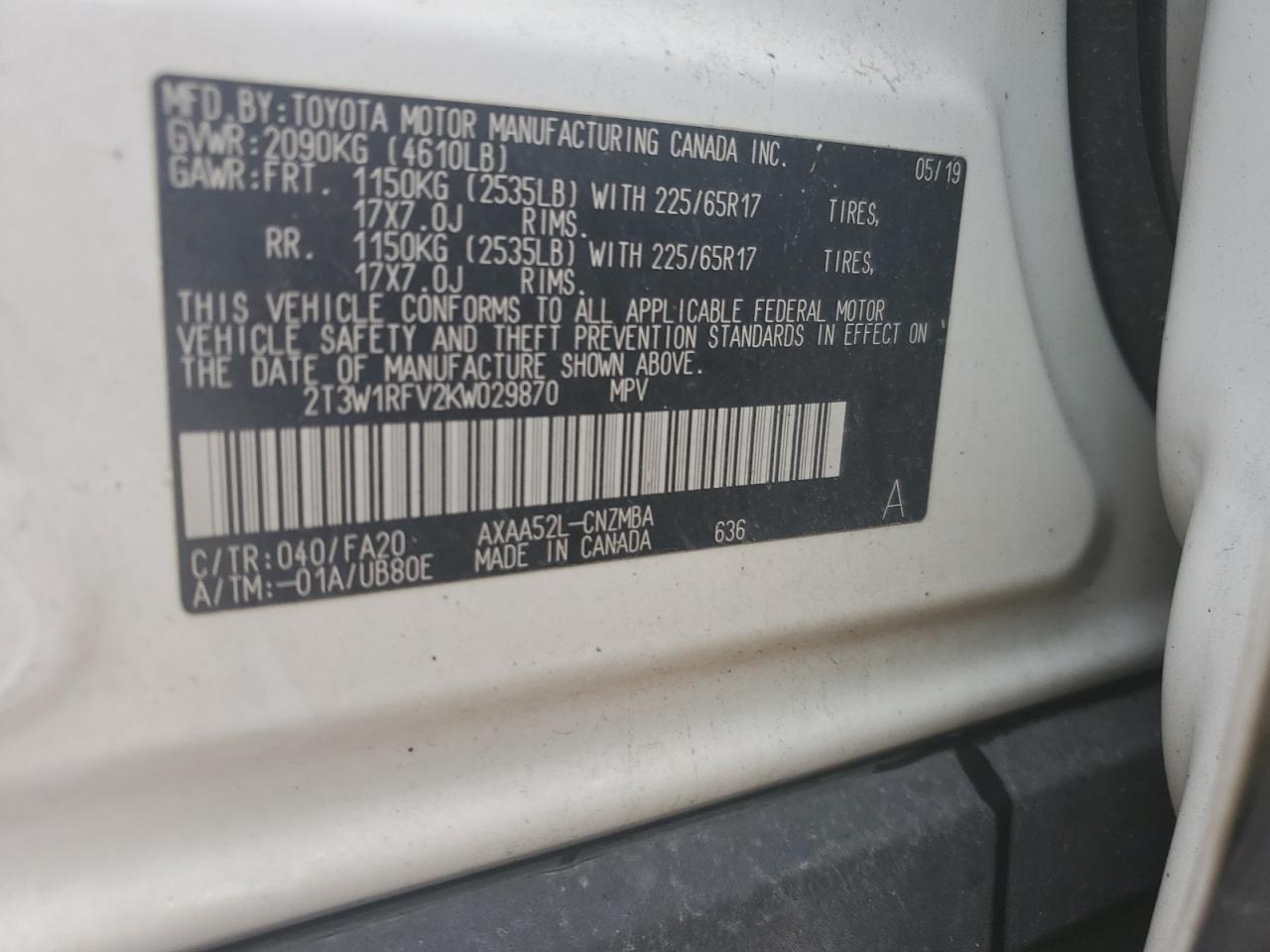 2T3W1RFV2KW029870 2019 Toyota Rav4 Xle