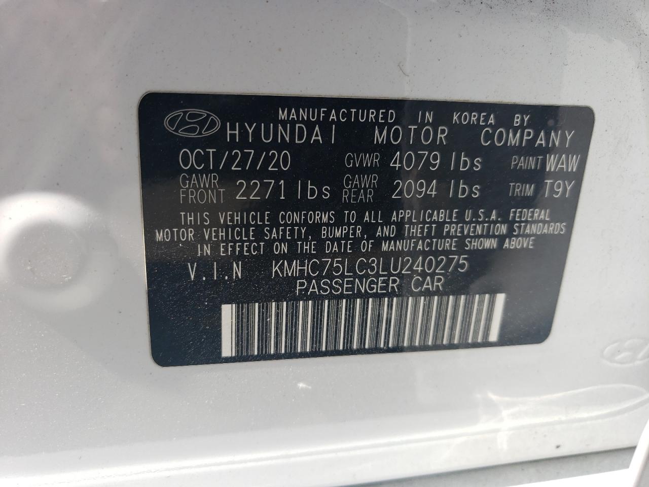 2020 Hyundai Ioniq Se VIN: KMHC75LC3LU240275 Lot: 71773264