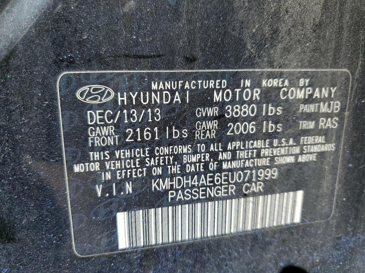 KMHDH4AE6EU071999 2014 Hyundai Elantra Se