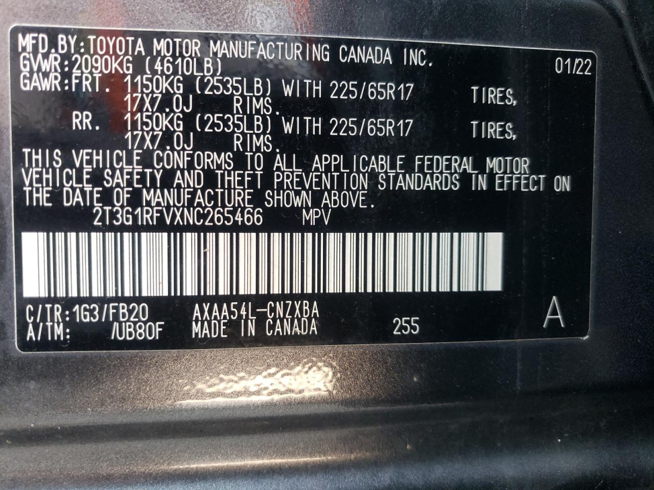2T3G1RFVXNC265466 2022 Toyota Rav4 Le 2T3G1RFVXNC265466 2022 Toyota Rav4 Le
