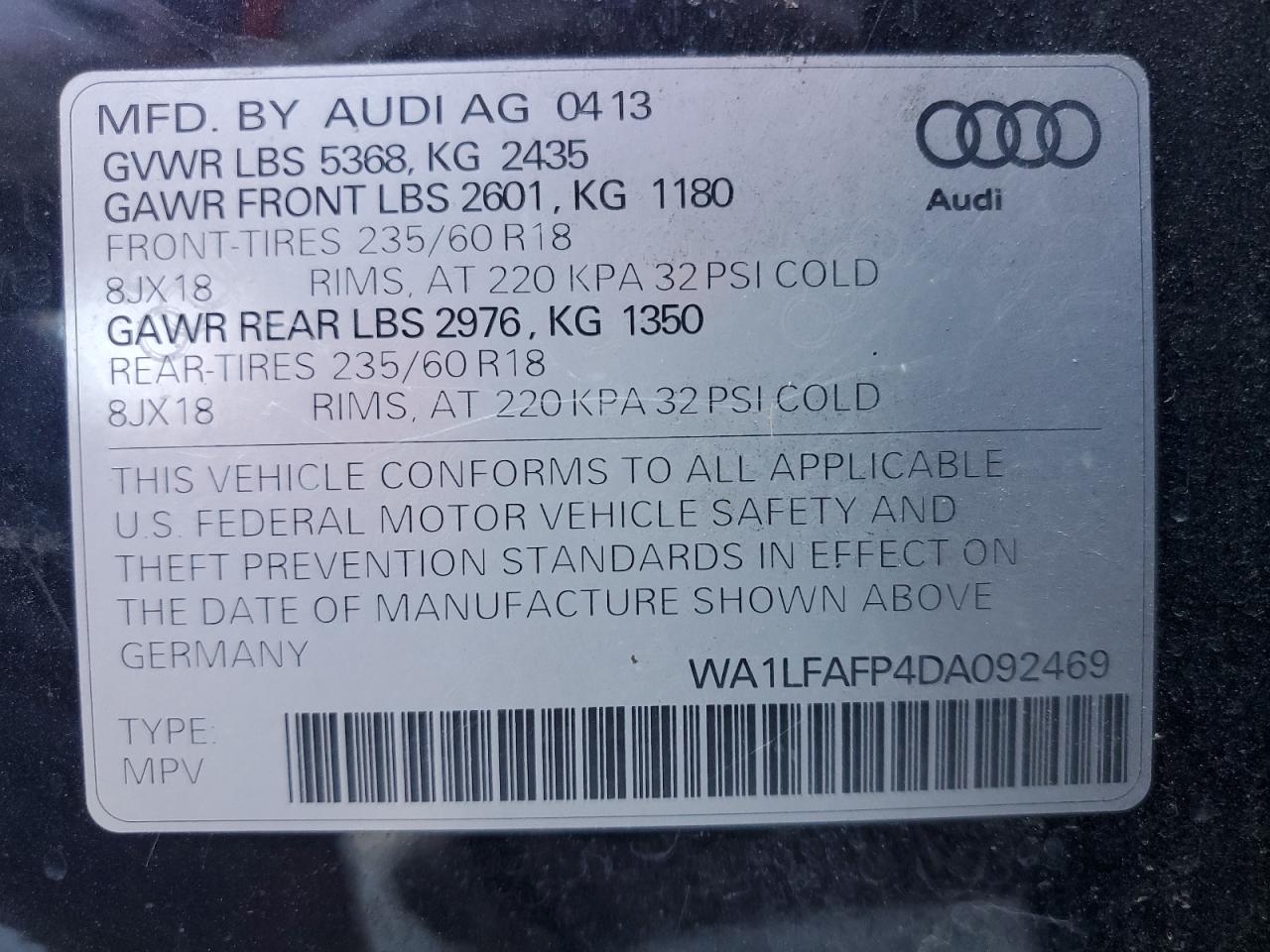 2013 Audi Q5 Premium Plus VIN: WA1LFAFP4DA092469 Lot: 71323104