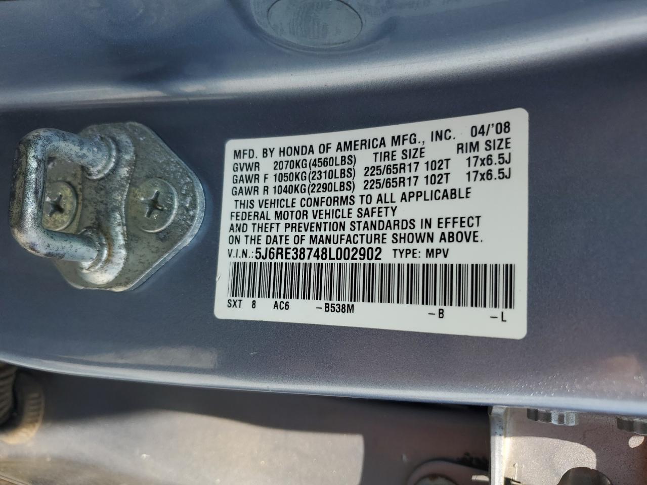 5J6RE38748L002902 2008 Honda Cr-V Exl