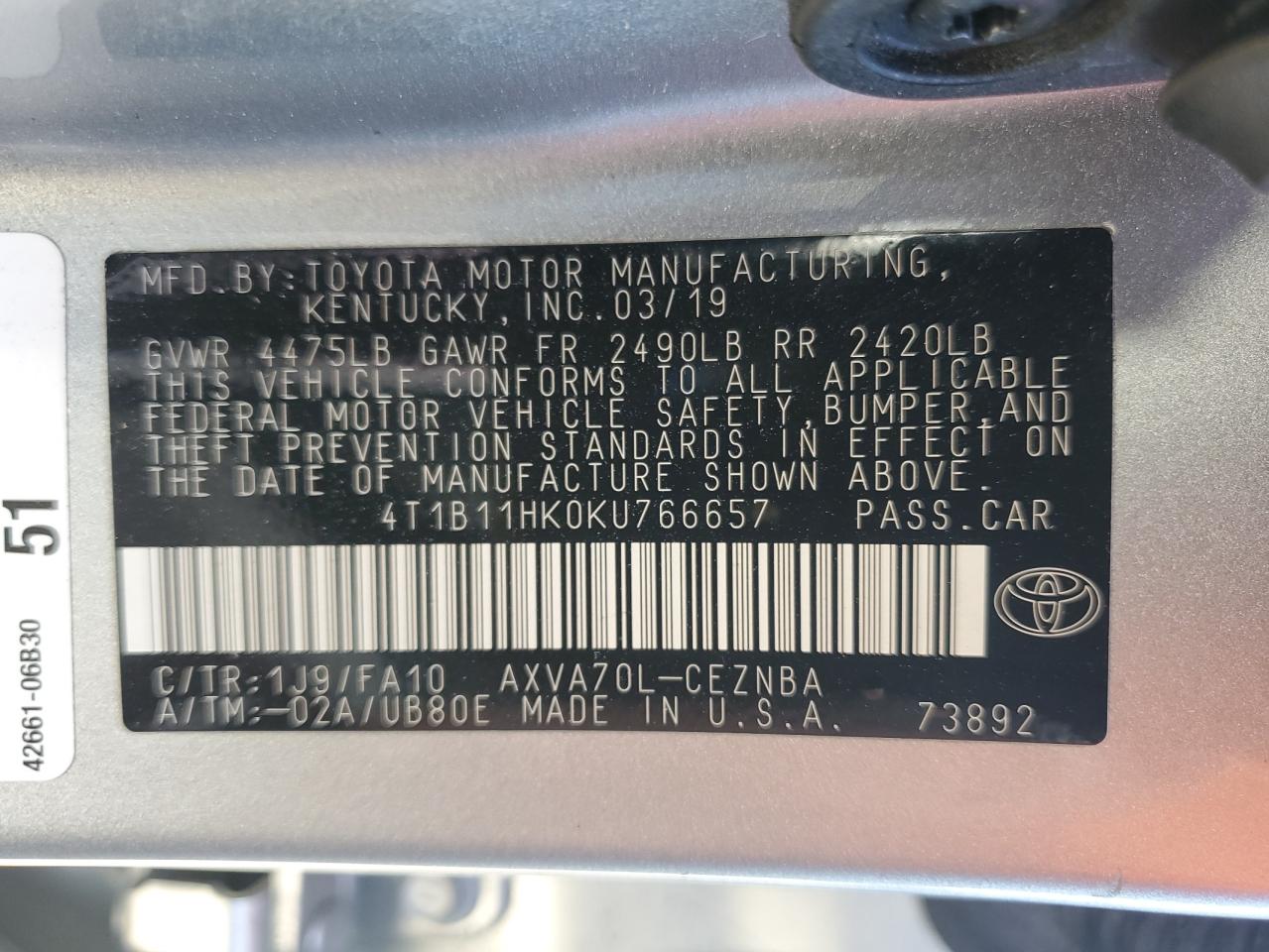 4T1B11HK0KU766657 2019 Toyota Camry L