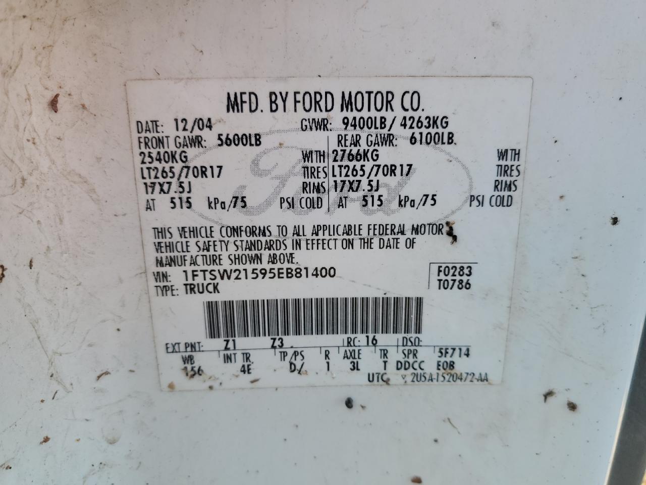 1FTSW21595EB81400 2005 Ford F250 Super Duty