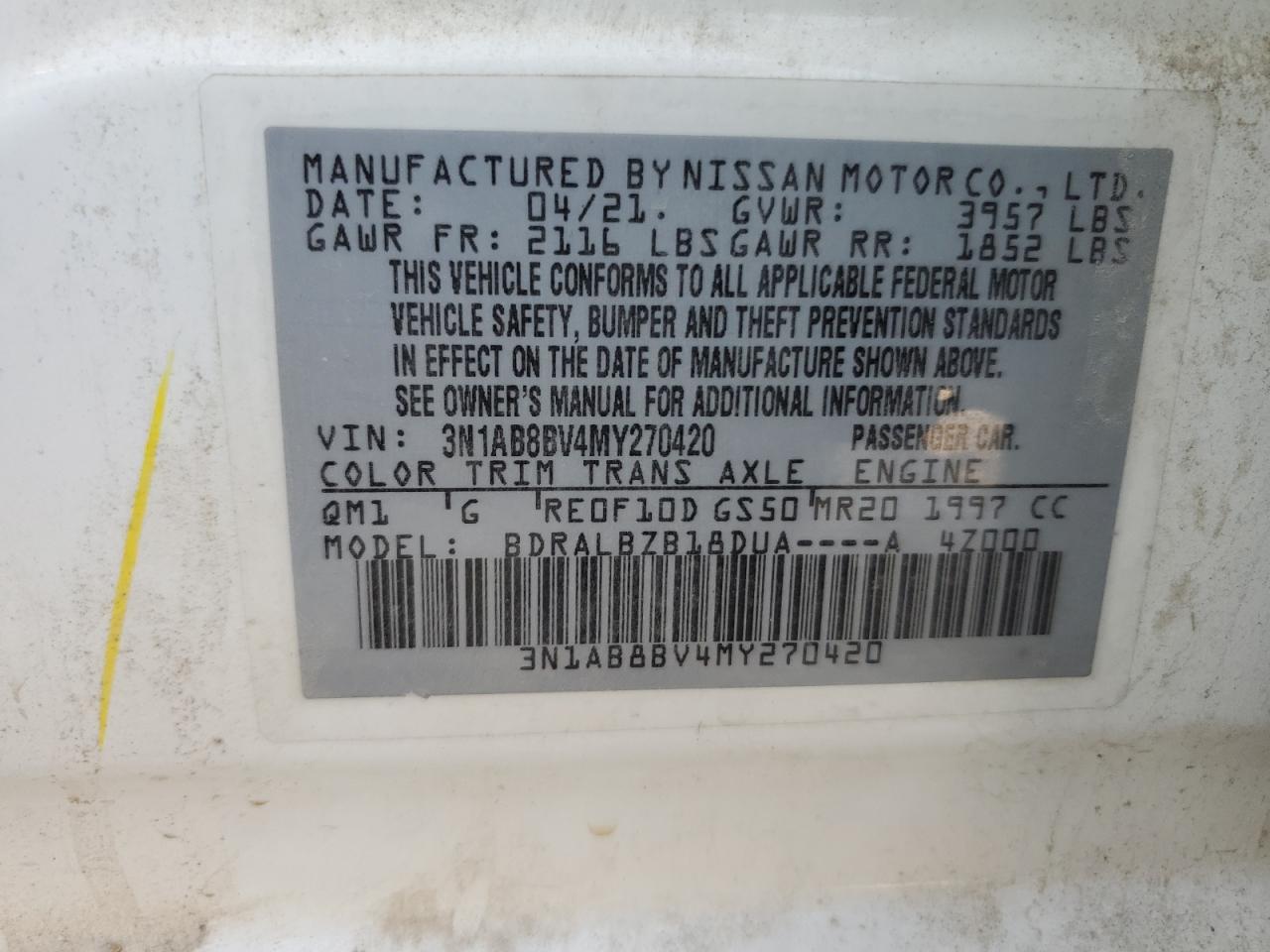 2021 Nissan Sentra S VIN: 3N1AB8BV4MY270420 Lot: 71845084