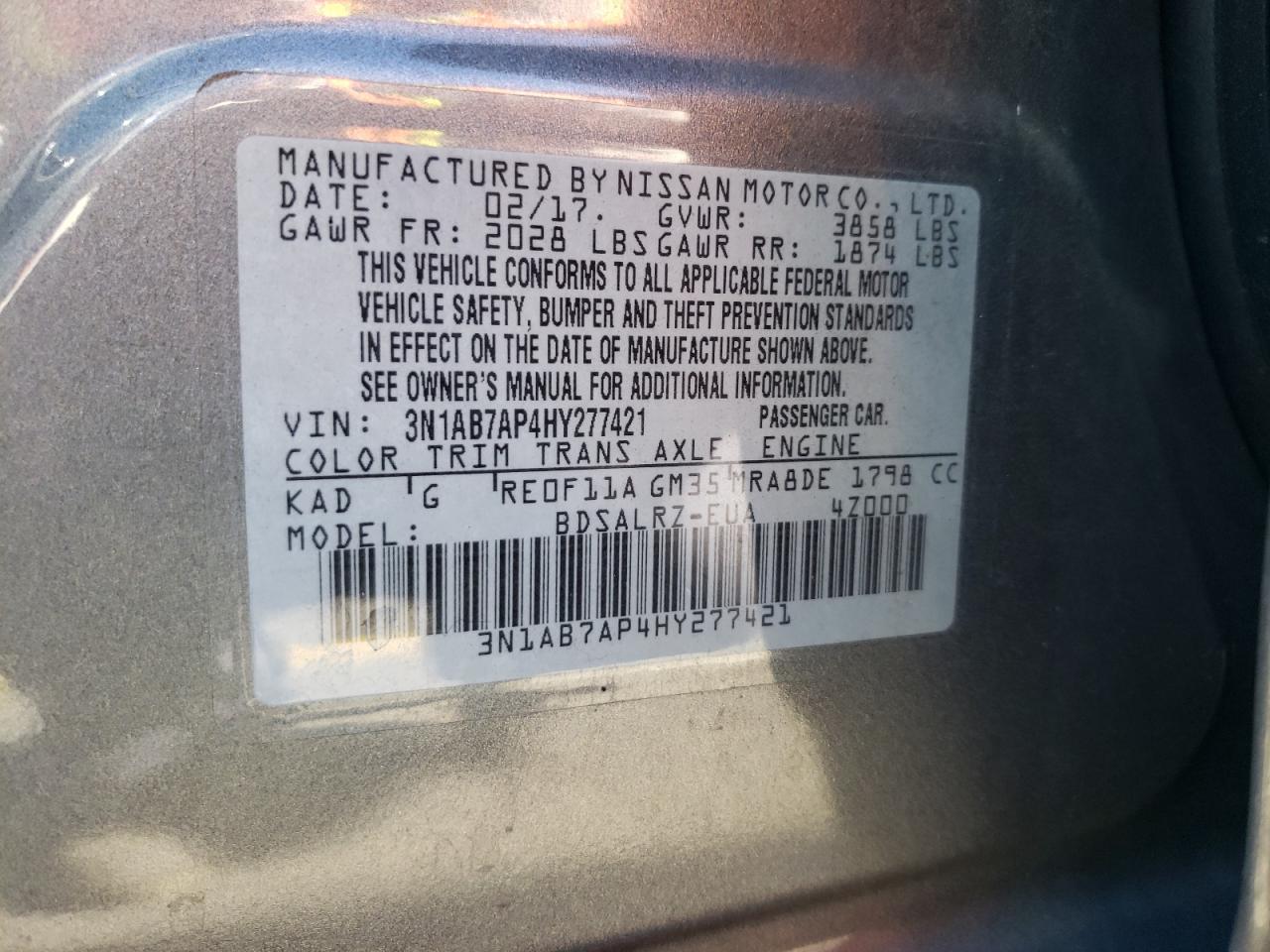 3N1AB7AP4HY277421 2017 Nissan Sentra S