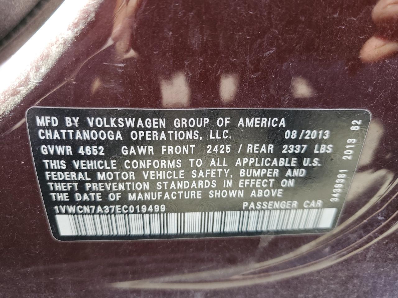 1VWCN7A37EC019499 2014 Volkswagen Passat Sel