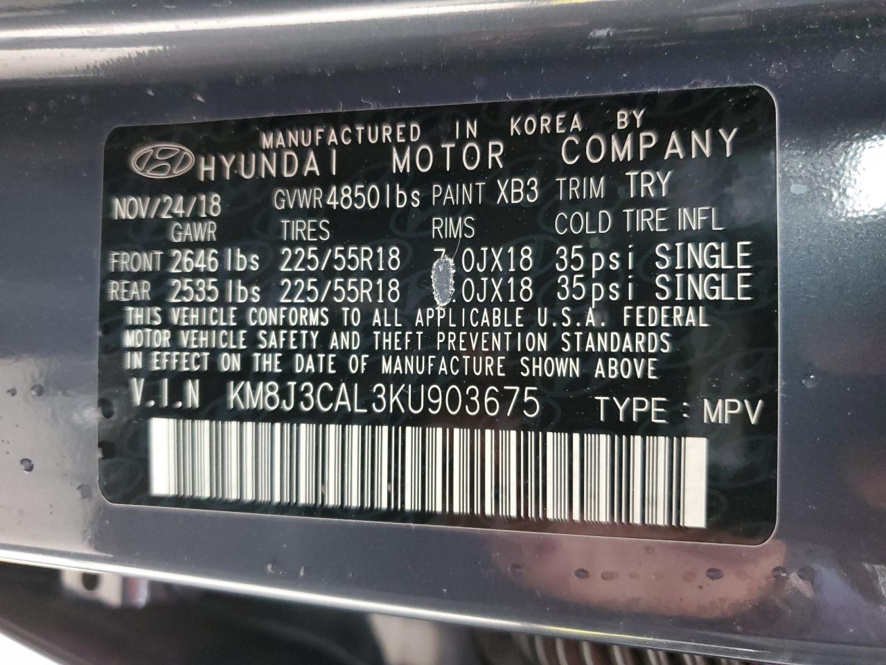 KM8J3CAL3KU903675 2019 Hyundai Tucson Limited