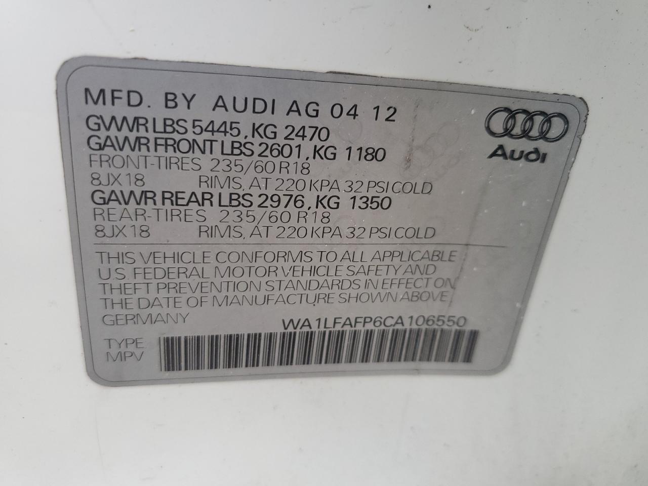 2012 Audi Q5 Premium Plus VIN: WA1LFAFP6CA106550 Lot: 70922214