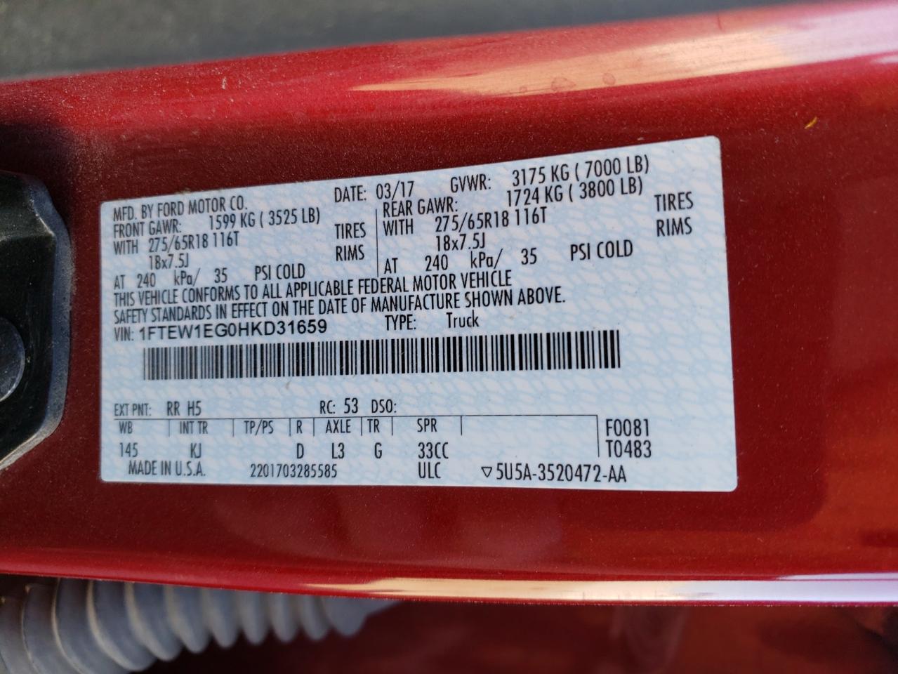 1FTEW1EG0HKD31659 2017 Ford F150 Supercrew
