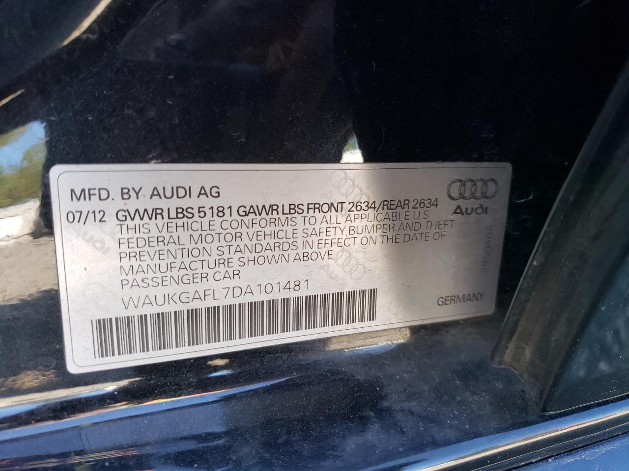 2013 Audi S4 Prestige VIN: WAUKGAFL7DA101481 Lot: 73051174