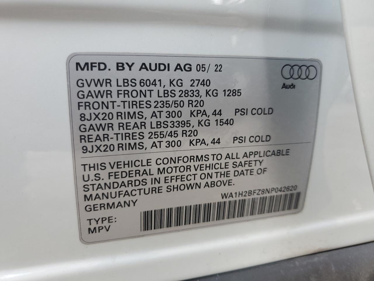 2022 Audi Q4 E-Tron Premium Plus VIN: WA1H2BFZ8NP042620 Lot: 70395574