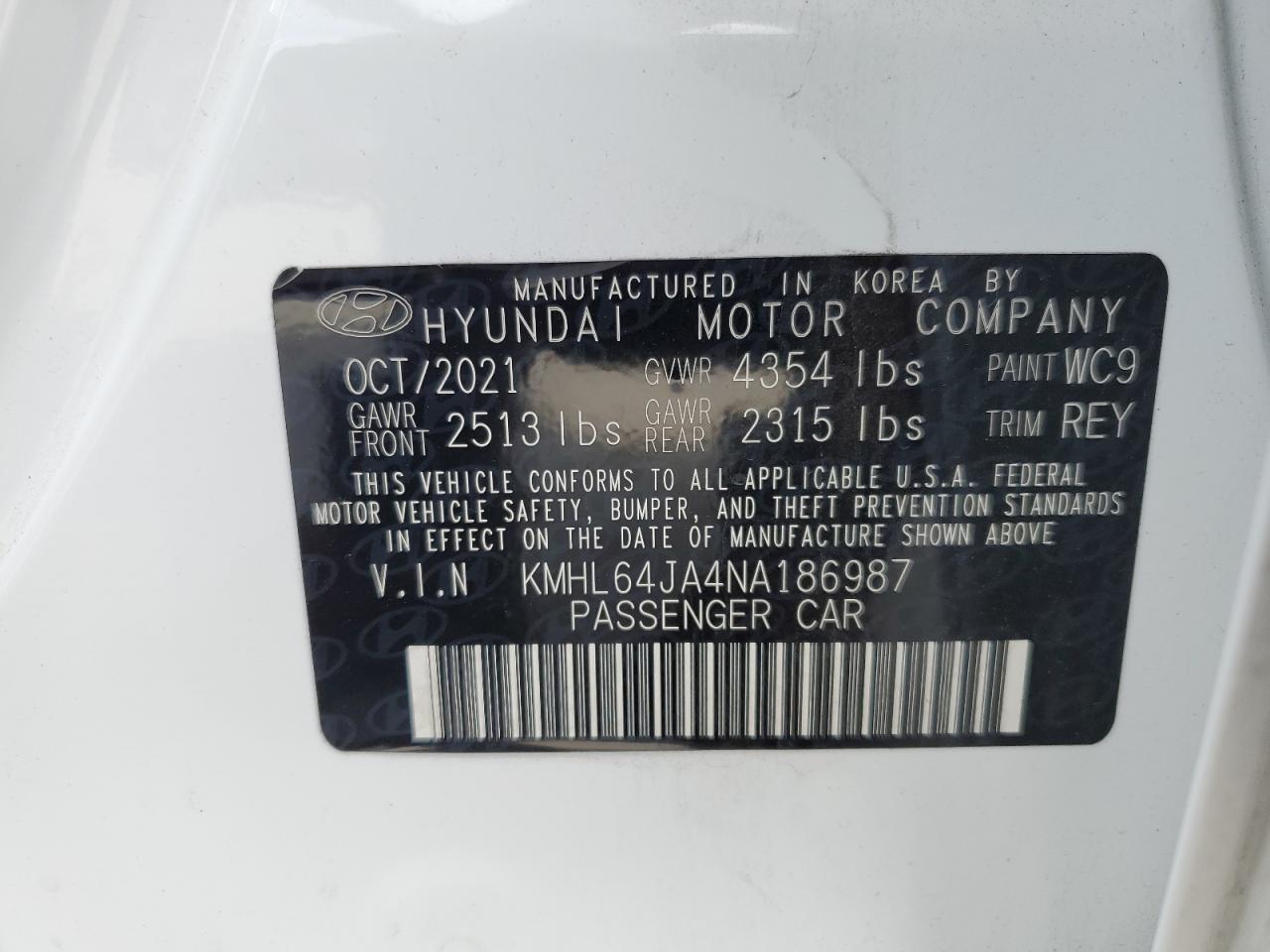 2022 Hyundai Sonata Sel VIN: KMHL64JA4NA186987 Lot: 72858474