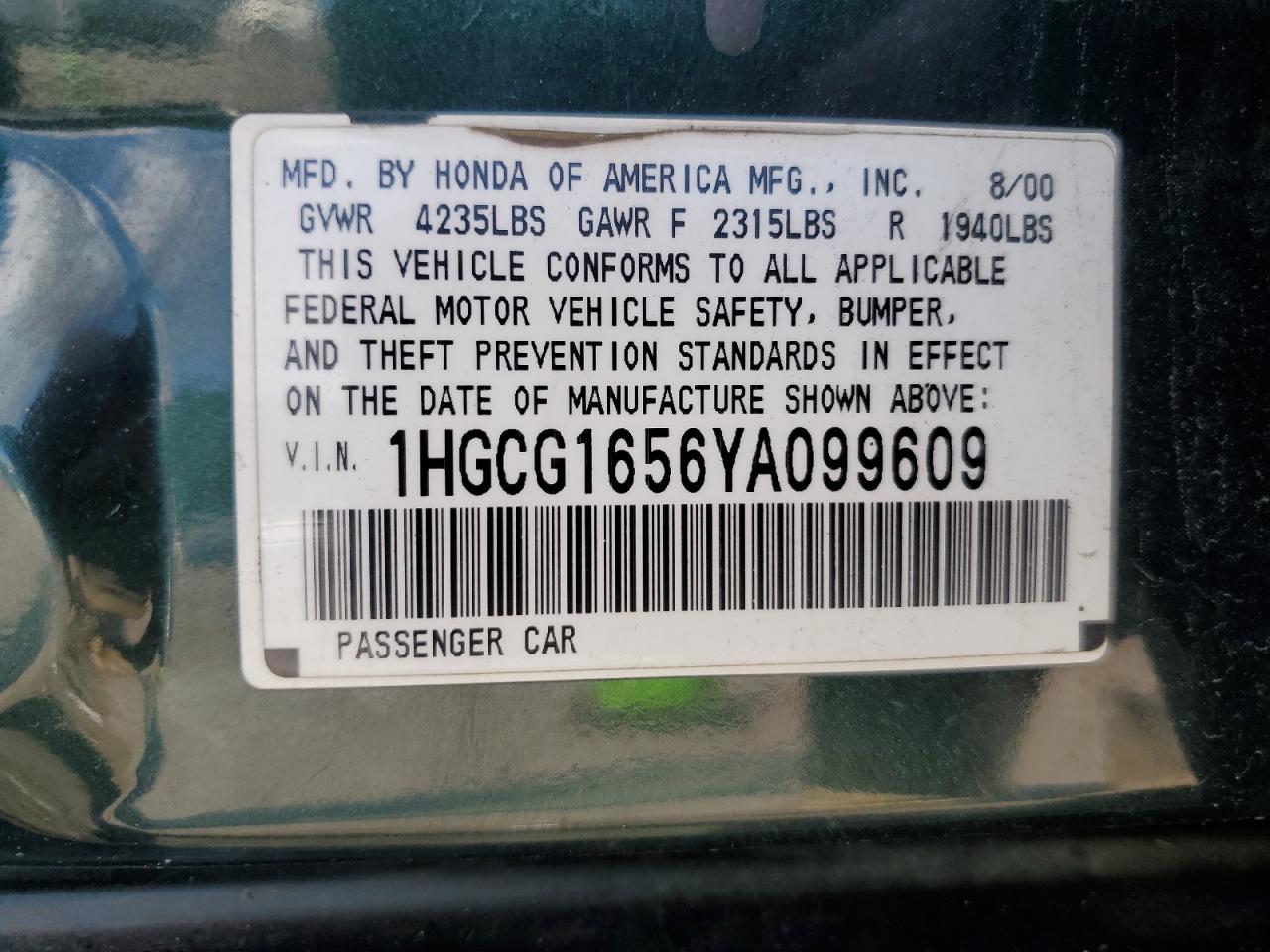 1HGCG1656YA099609 2000 Honda Accord Ex