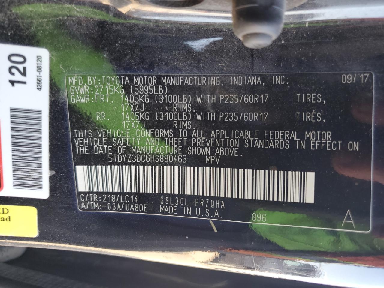 5TDYZ3DC6HS890463 2017 Toyota Sienna Xle