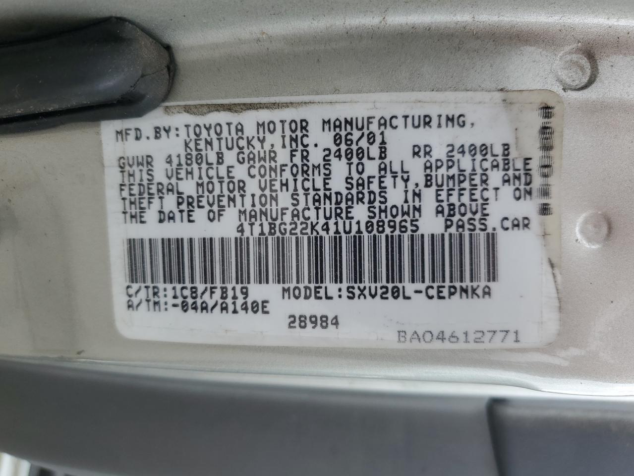 4T1BG22K41U108965 2001 Toyota Camry Ce