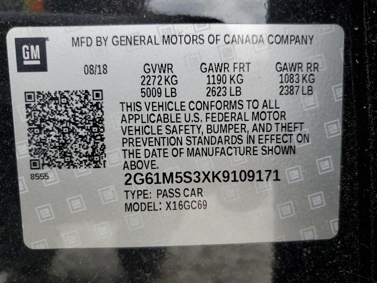 2019 Cadillac Xts Luxury VIN: 2G61M5S3XK9109171 Lot: 72228354