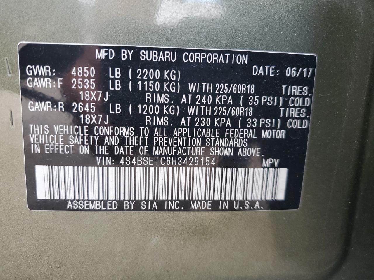 4S4BSETC6H3429154 2017 Subaru Outback Touring