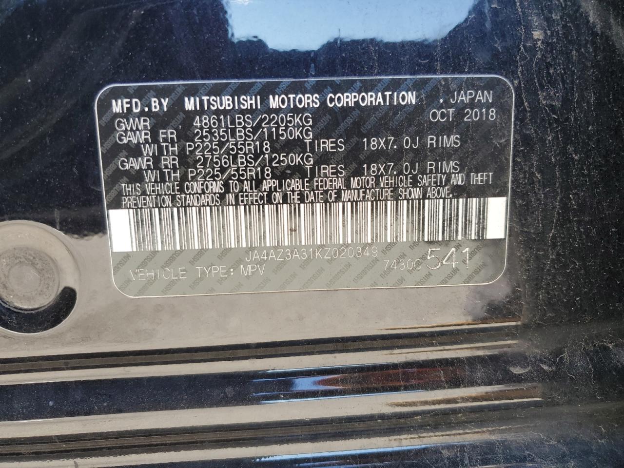 JA4AZ3A31KZ020349 2019 Mitsubishi Outlander Se