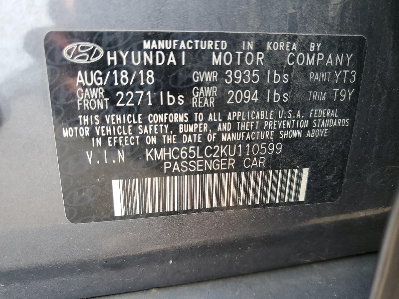 KMHC65LC2KU110599 2019 Hyundai Ioniq Blue