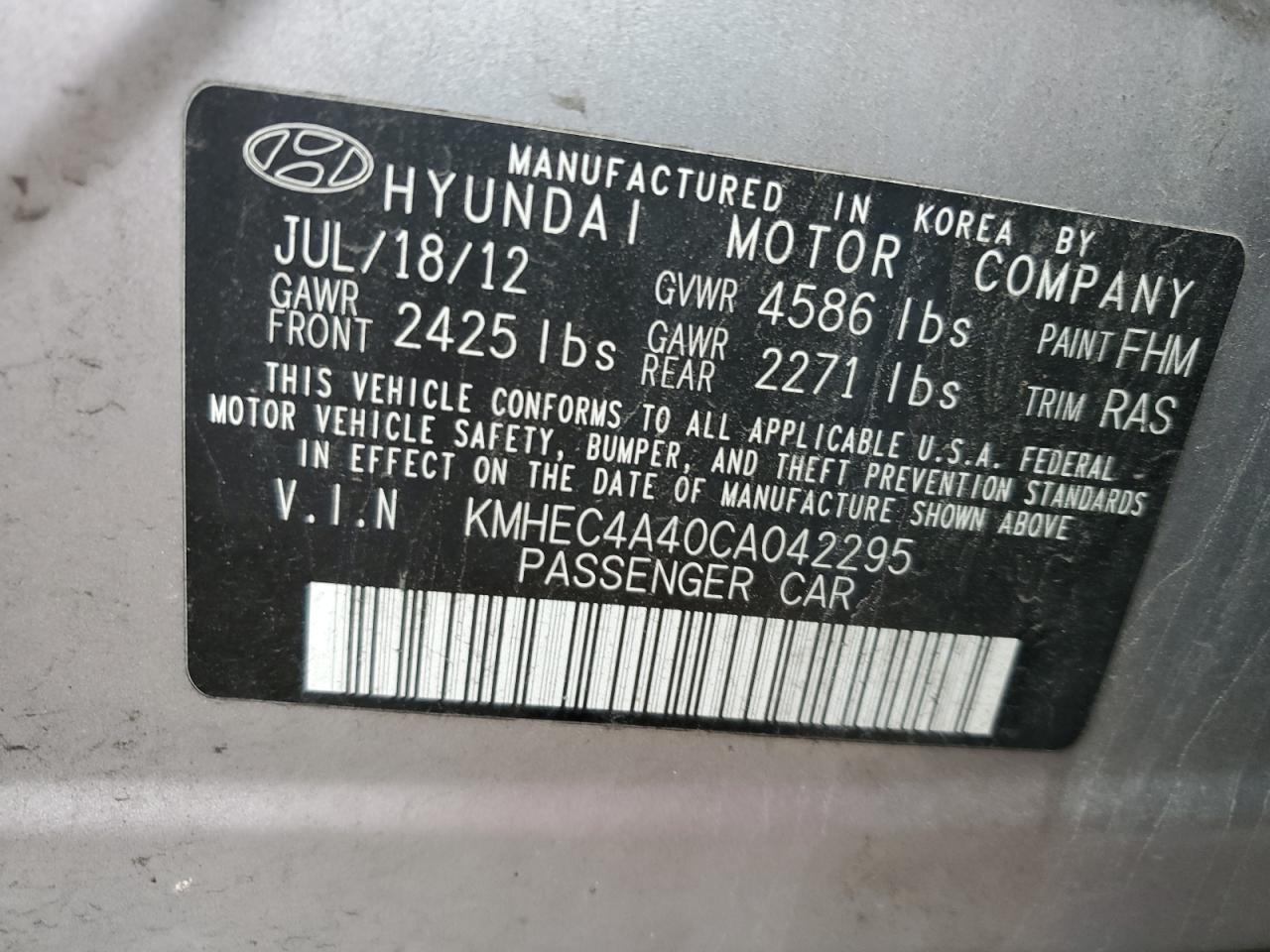 2012 Hyundai Sonata Hybrid VIN: KMHEC4A40CA042295 Lot: 73150144