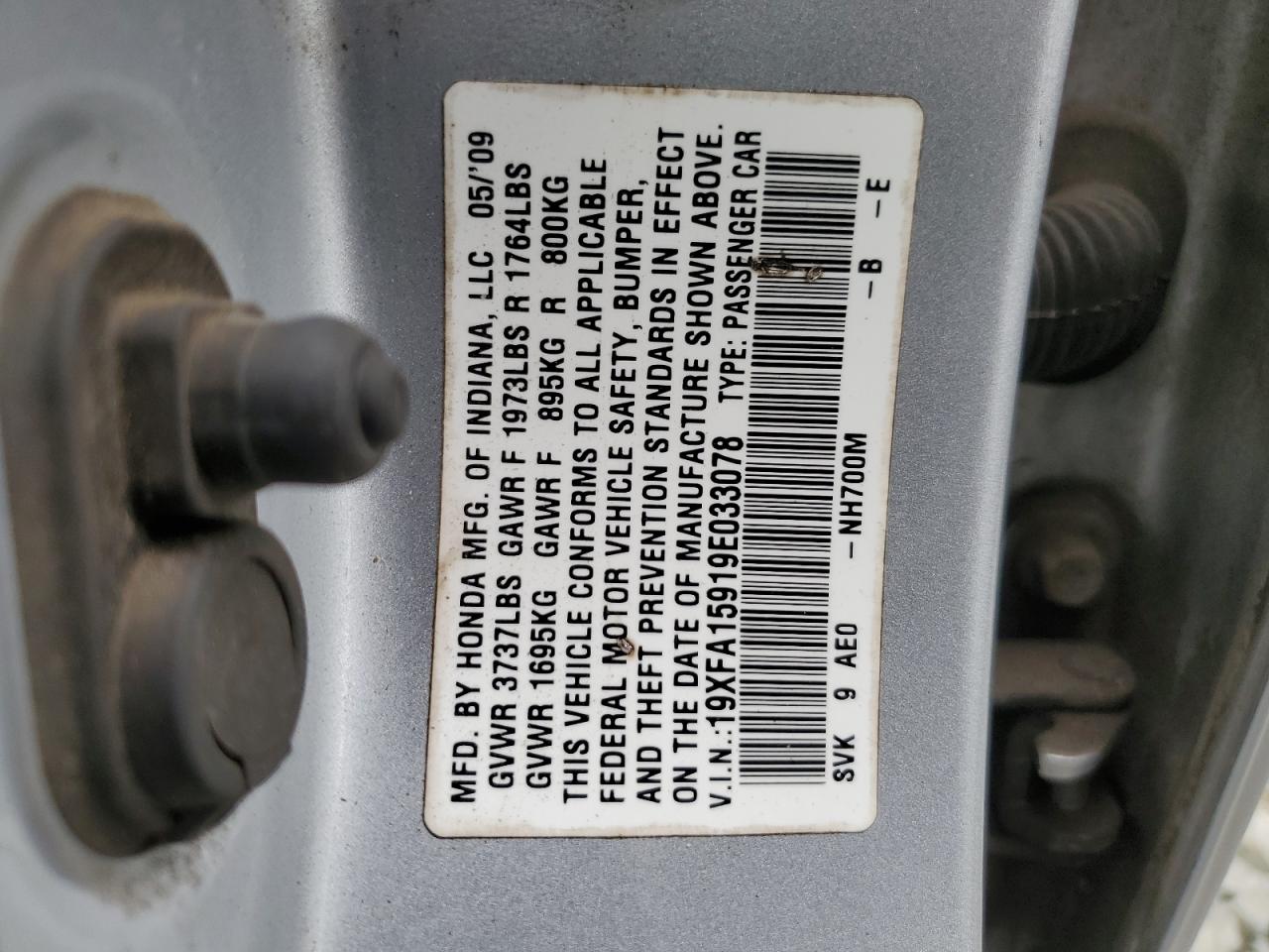 19XFA15919E033078 2009 Honda Civic Exl