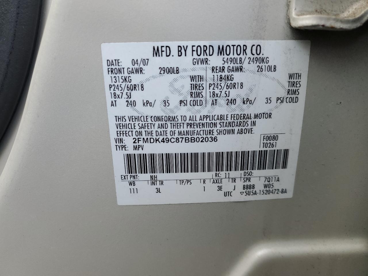 2FMDK49C87BB02036 2007 Ford Edge Sel Plus